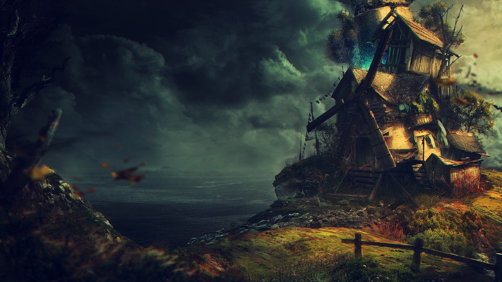 Fantasy art of a crooked house on a cliff HD Wallpaper
