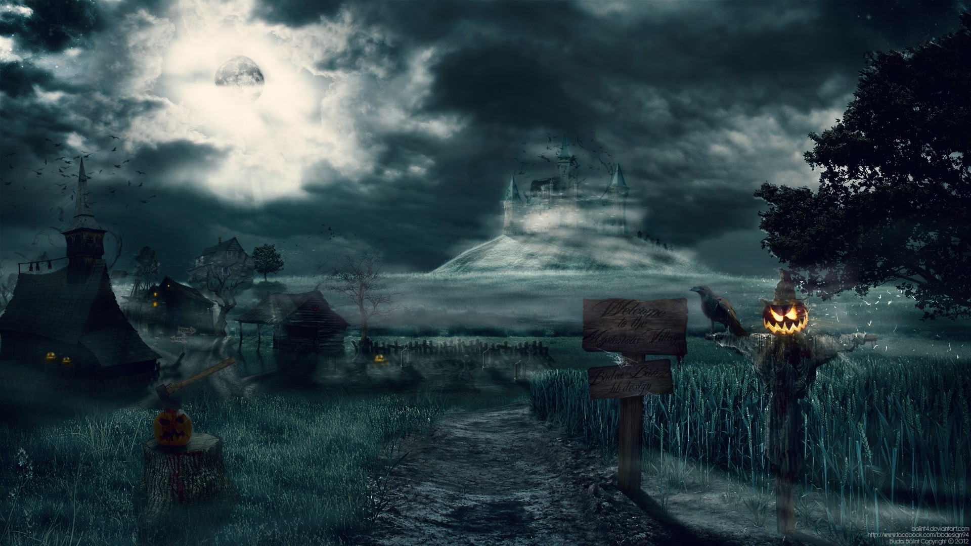 Halloween castle and scarecrow in a foggy field HD Wallpaper
