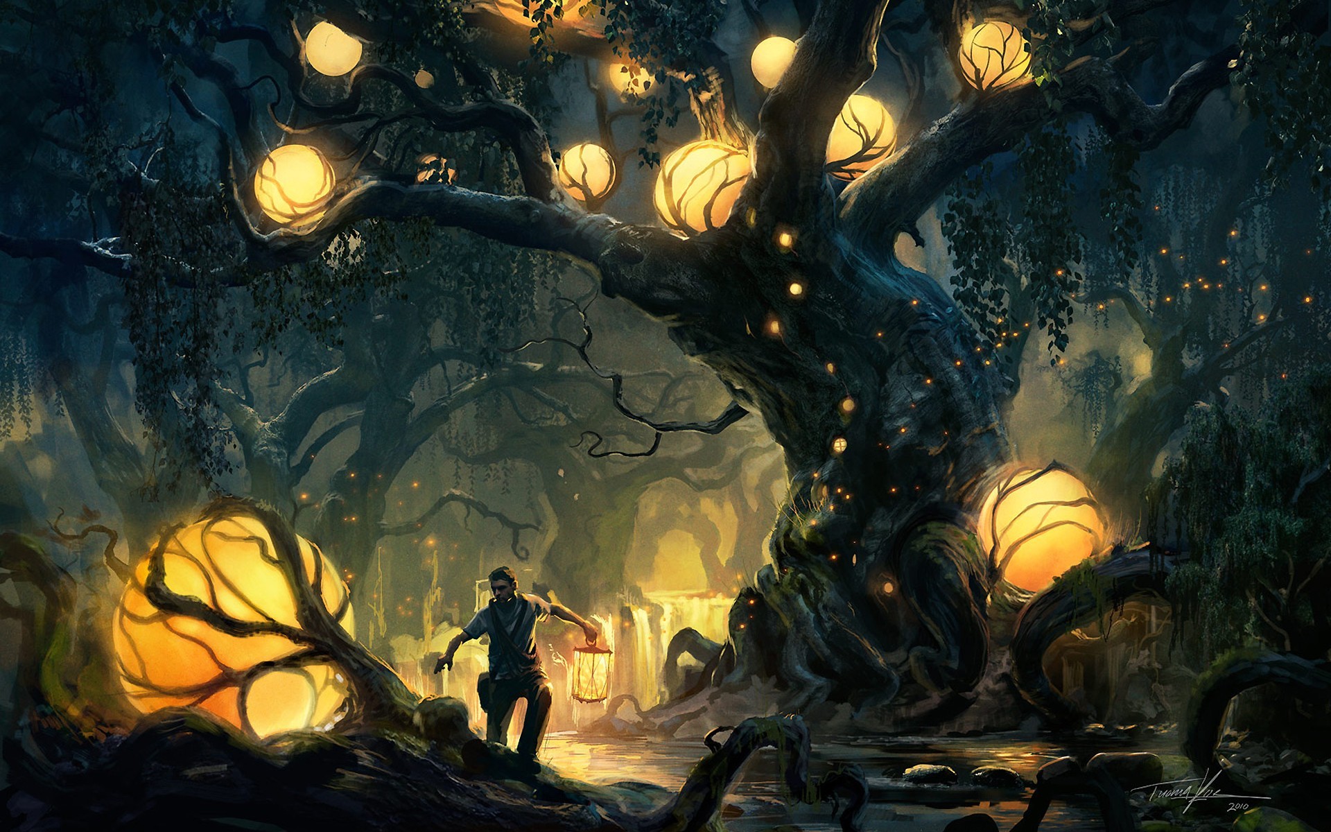 Fantasy art of a man with a lantern in a glowing forest HD Wallpaper