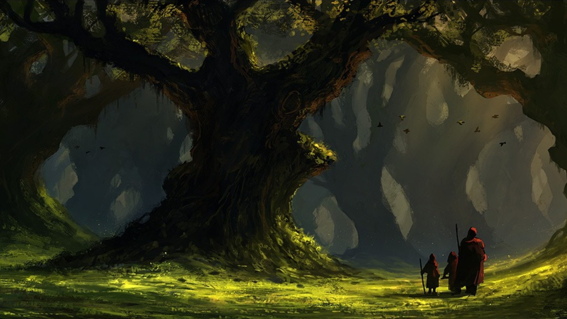 Fantasy art of travelers in a dark forest HD Wallpaper