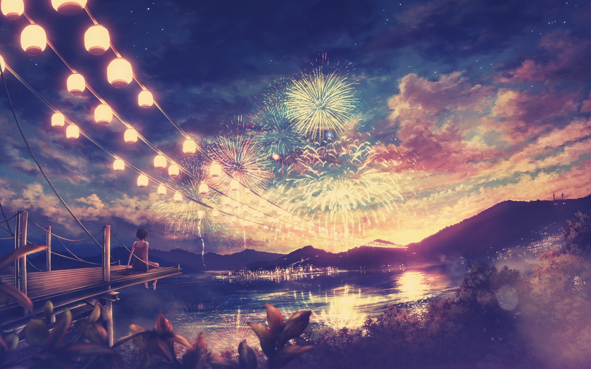 Anime girl watches fireworks over a lake HD Wallpaper