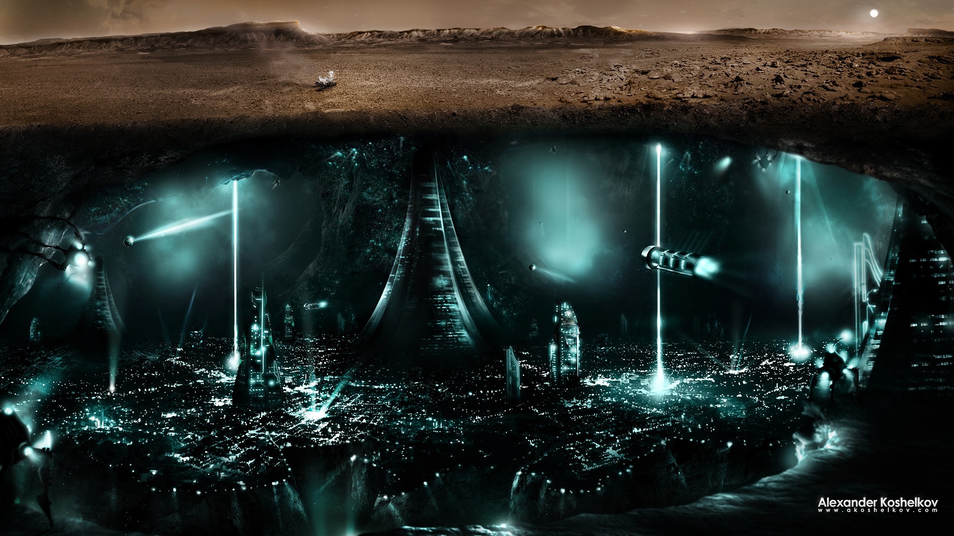 Science fiction city on Mars with split view HD Wallpaper