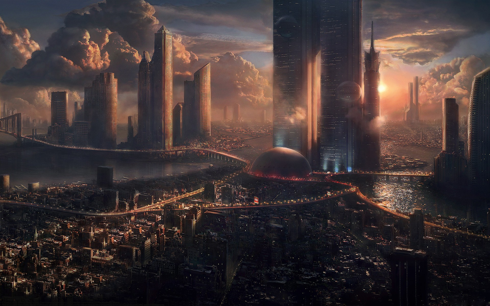 Futuristic cityscape with towering skyscrapers and bridges HD Wallpaper