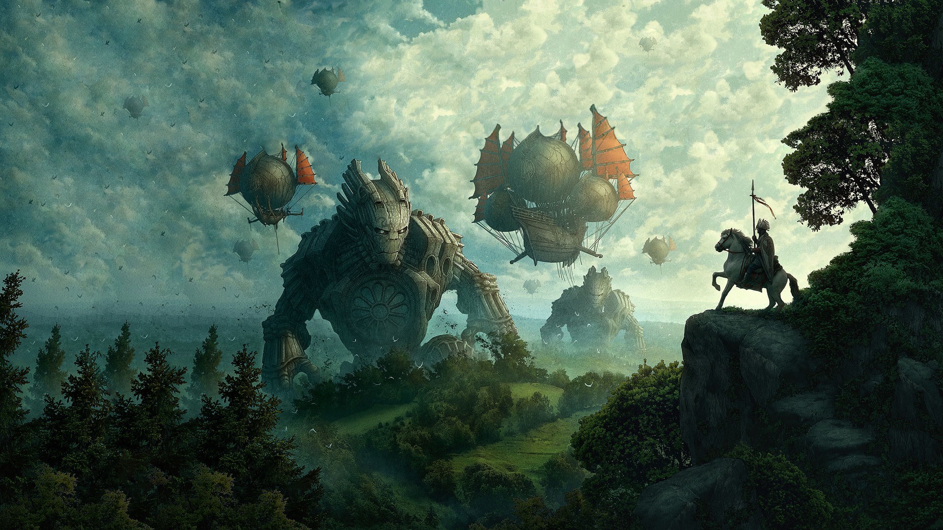 Giant robots and airships in a fantasy landscape HD Wallpaper