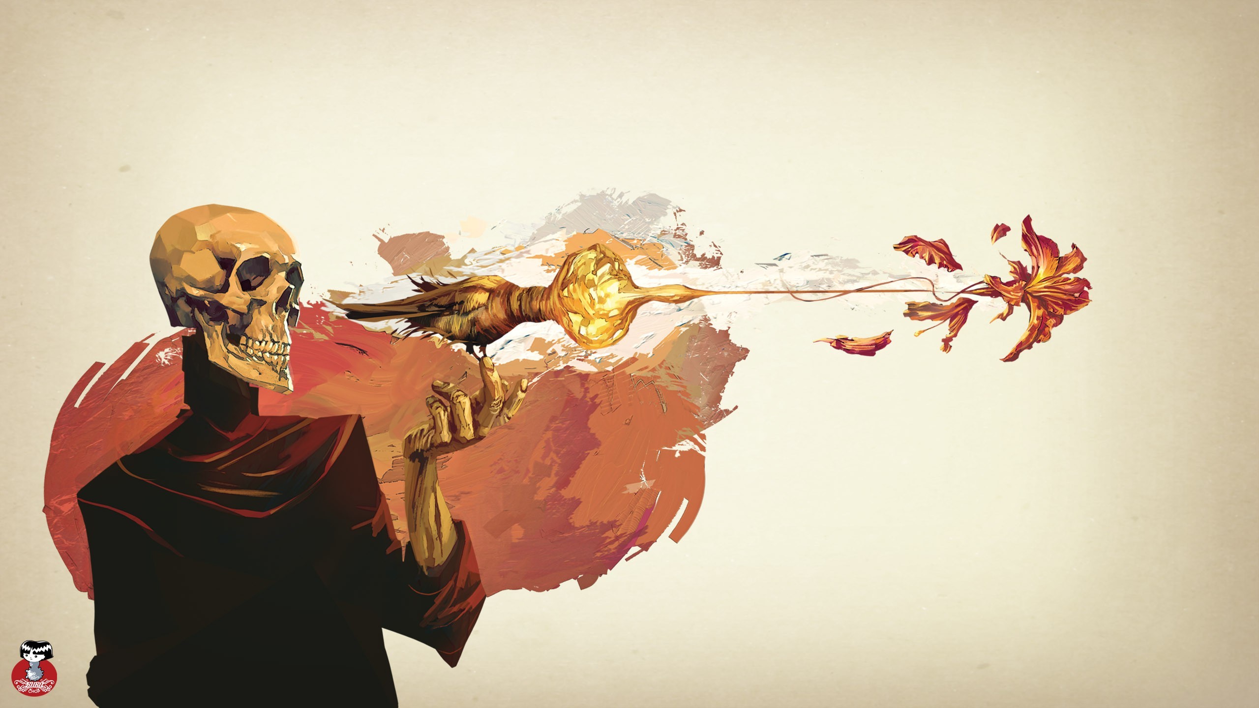 Skeleton holding a bird that shoots fire at a flower HD Wallpaper