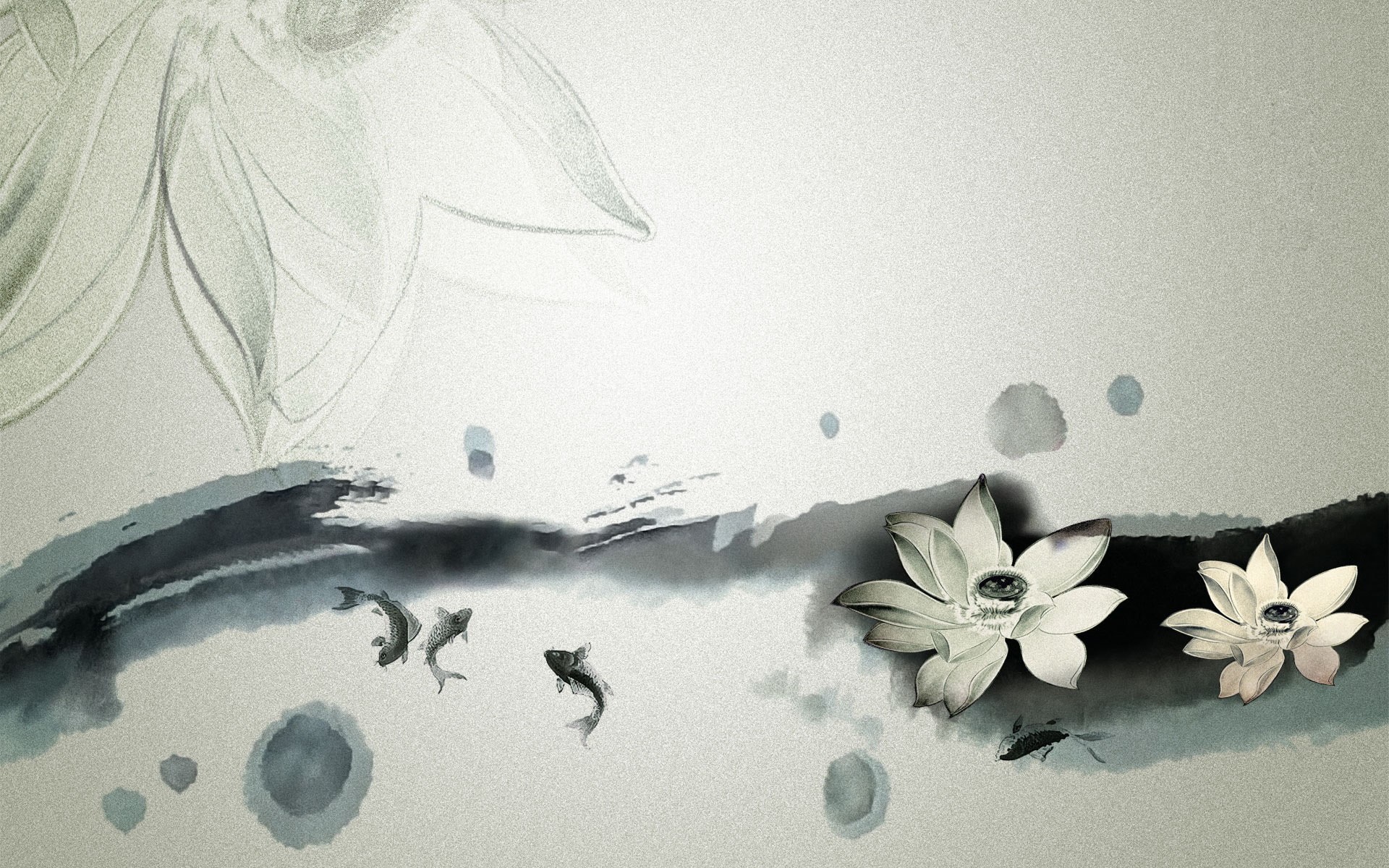Monochrome artwork of lotus flowers and fish HD Wallpaper