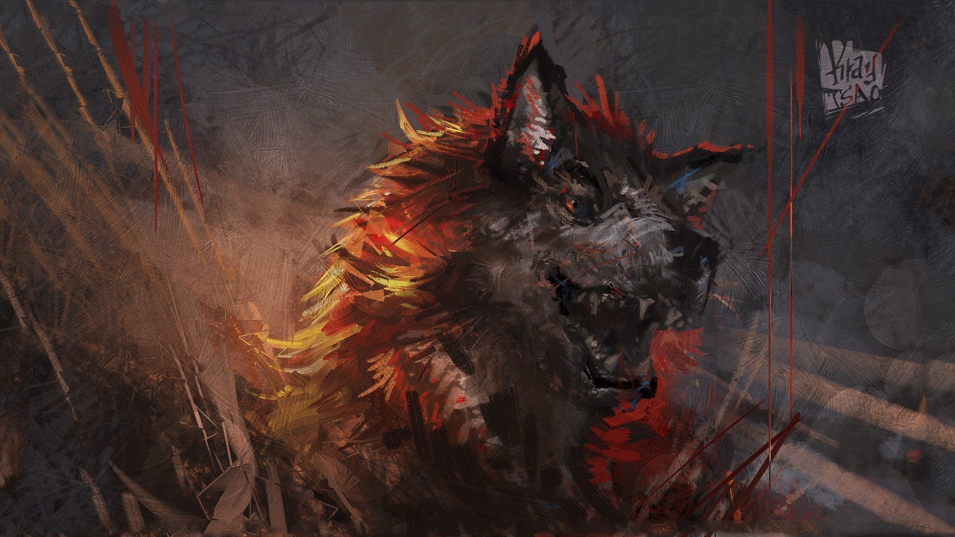 Fantasy art of a wolf with fiery mane HD Wallpaper