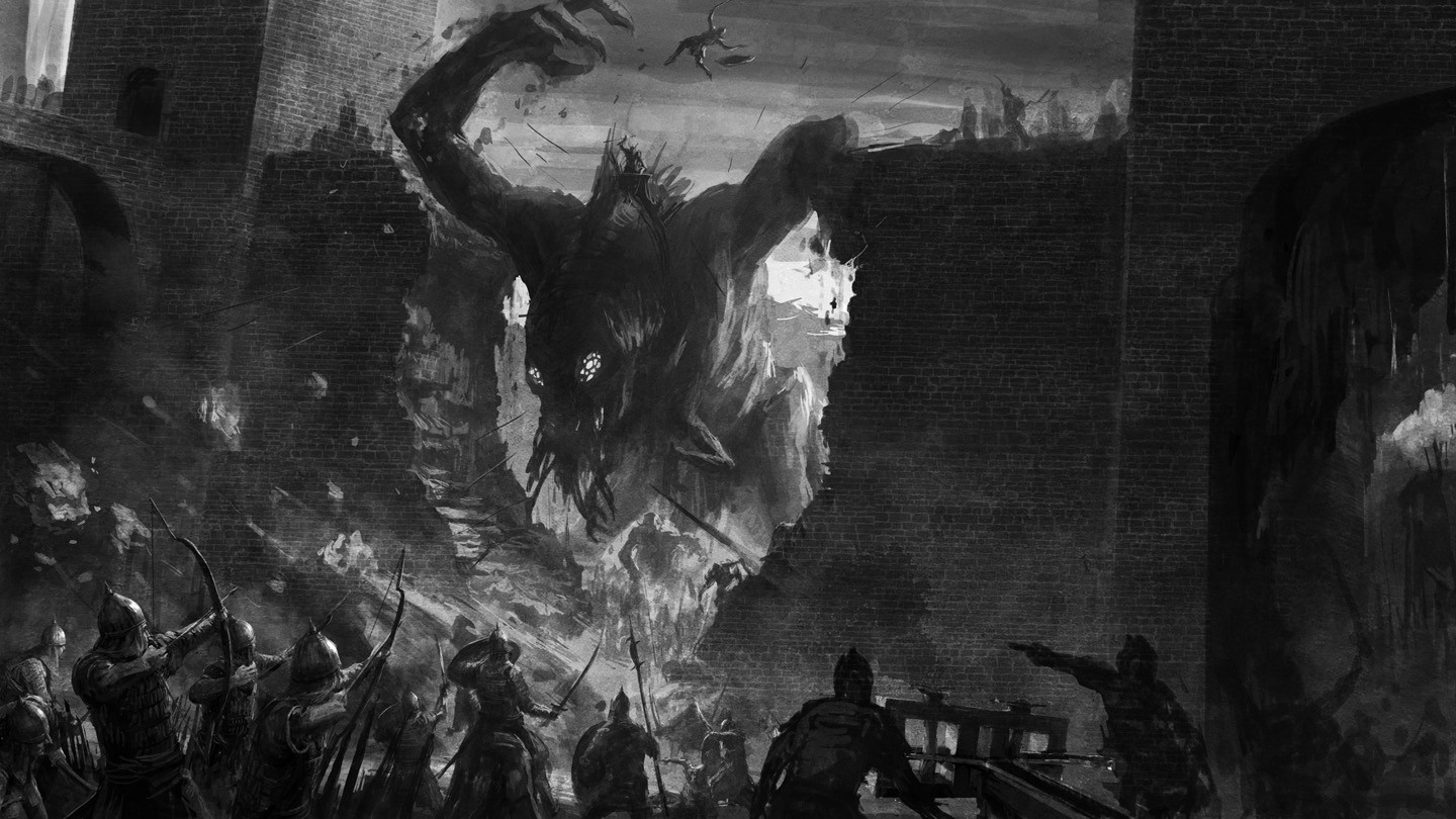 Giant creature attacks a medieval city with archers and siege weapons HD Wallpaper