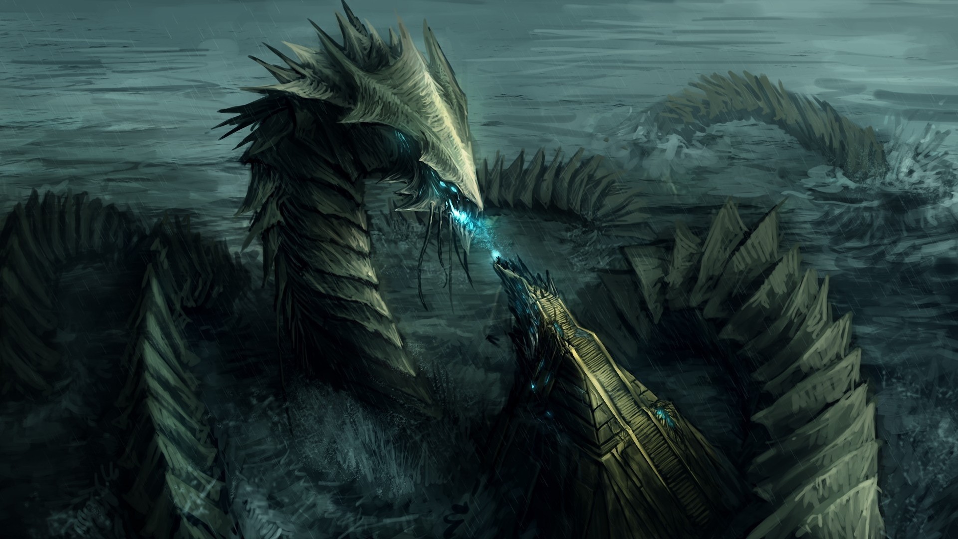 Two dragons fighting with blue energy HD Wallpaper
