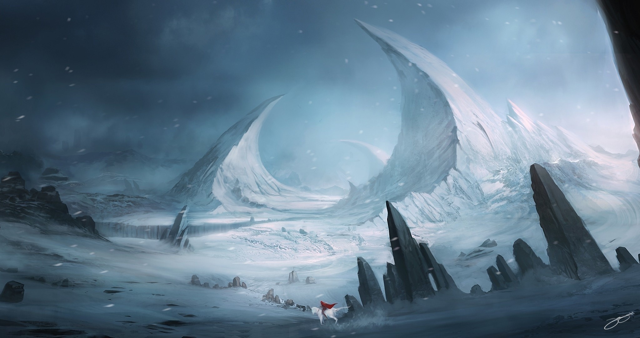Fantasy art of a white wolf with a red cloak in a snowy landscape HD Wallpaper
