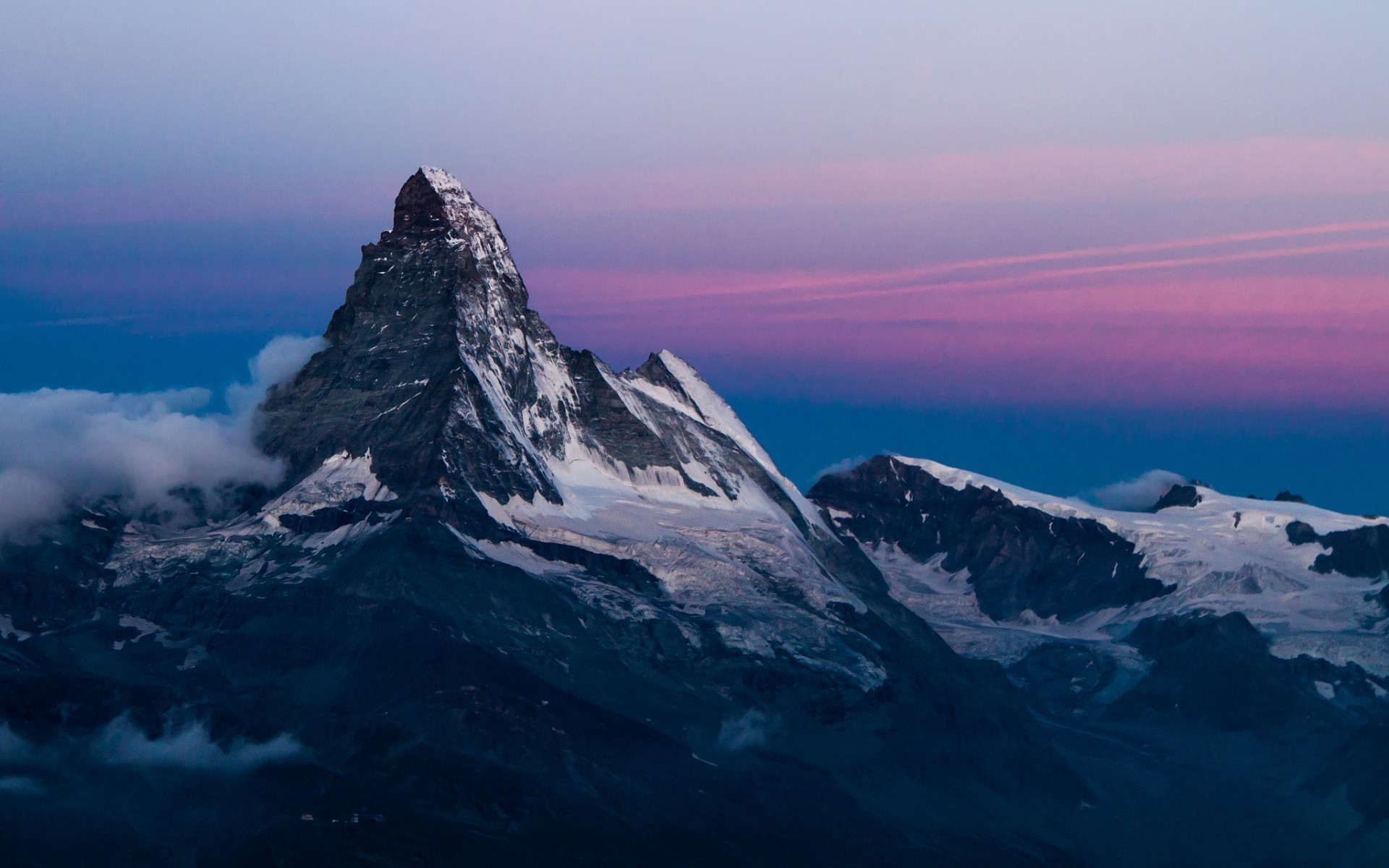 Matterhorn mountain peak at twilight with clouds HD Wallpaper