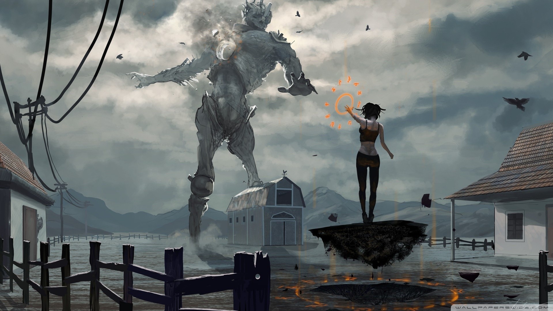 Fantasy art of a woman facing a giant demon HD Wallpaper