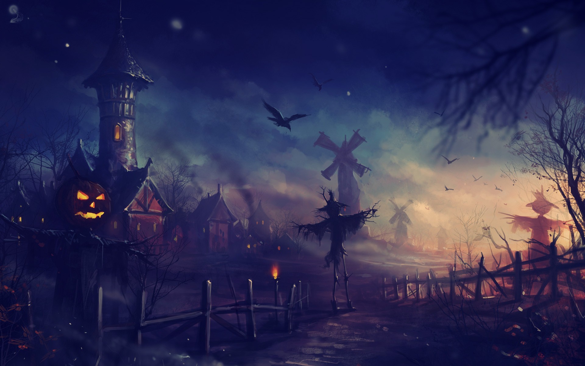 Halloween village with scarecrows and windmills HD Wallpaper