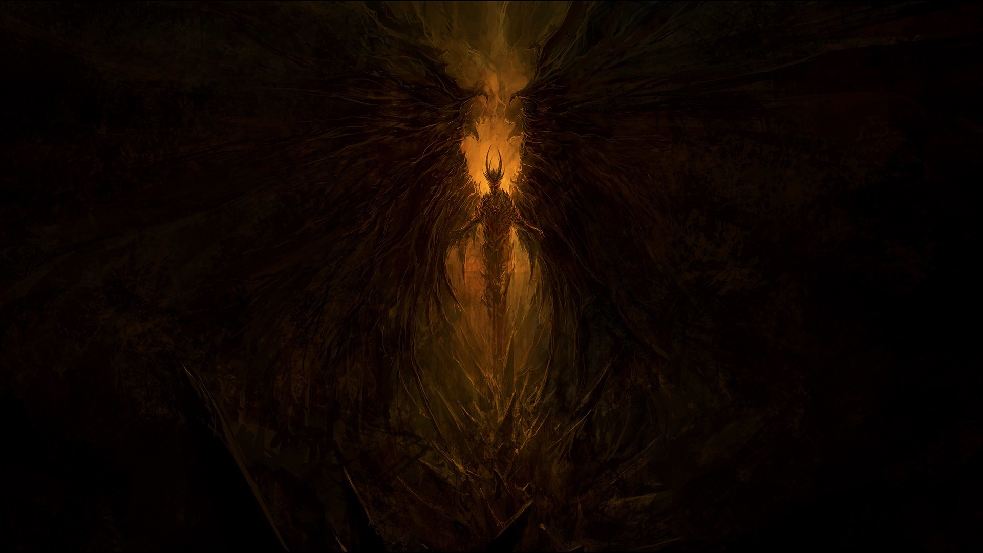 Demonic figure with glowing eyes in dark fantasy art HD Wallpaper