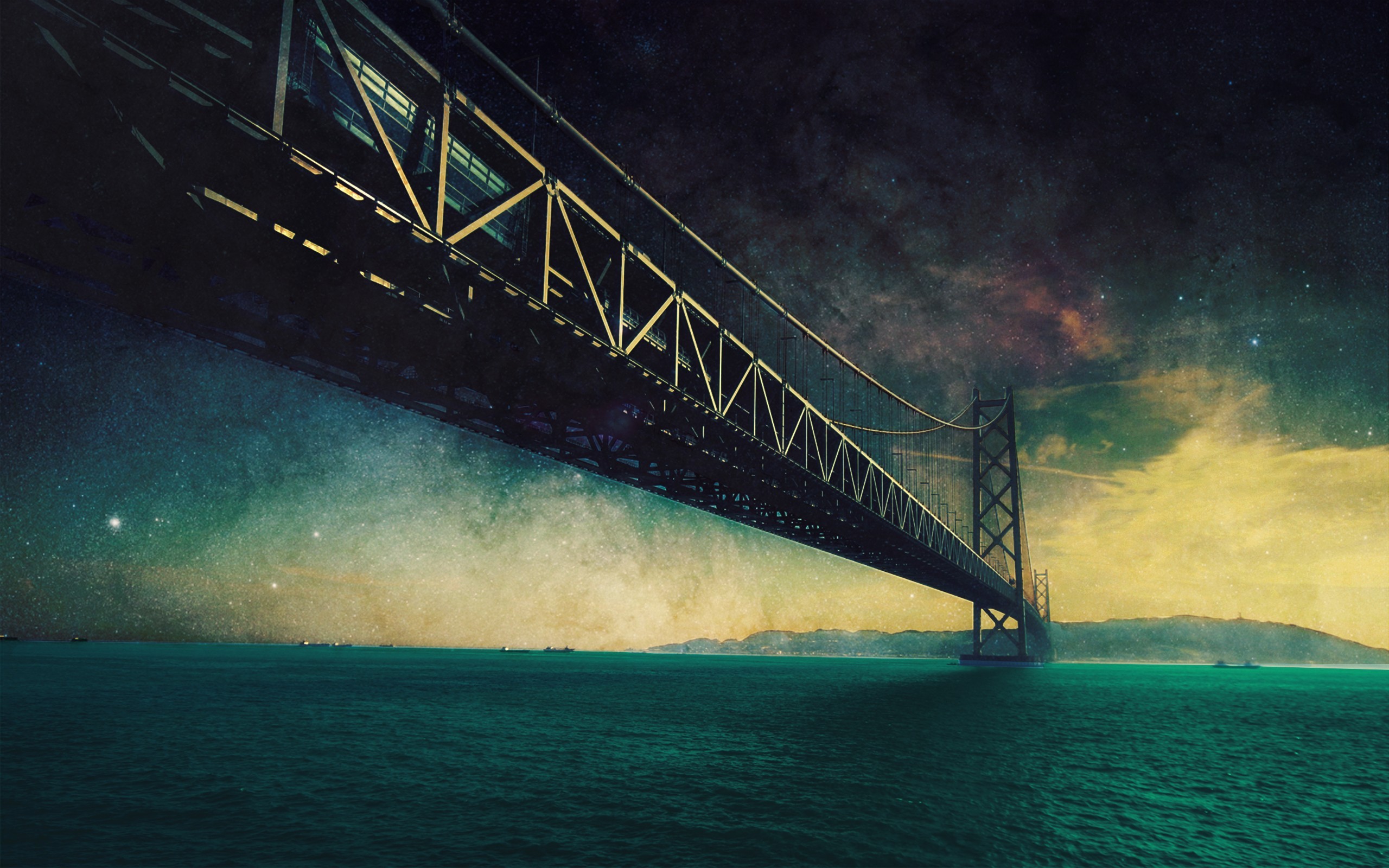 Bridge over the ocean under a starry sky HD Wallpaper