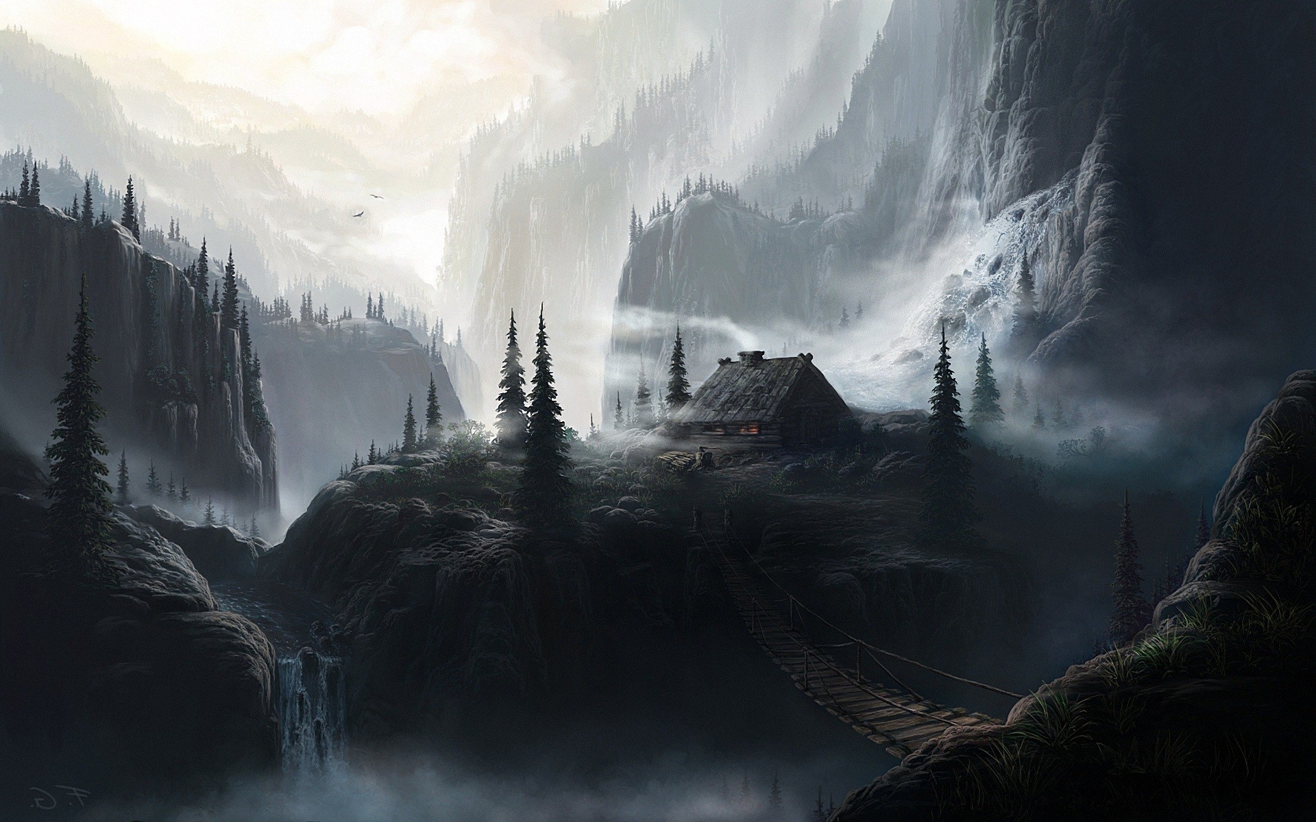 Fantasy cabin with bridge in misty mountains HD Wallpaper