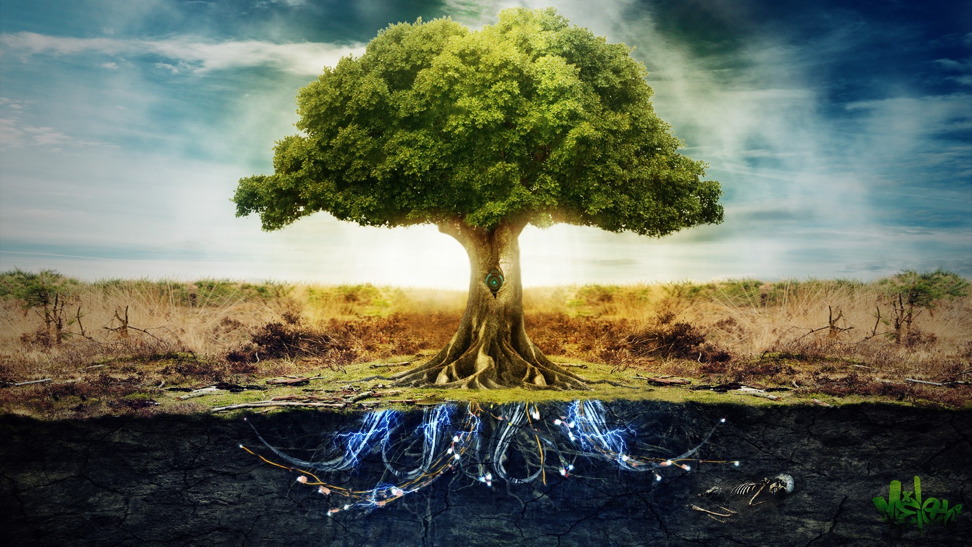 A surreal tree with glowing roots and a skeleton HD Wallpaper
