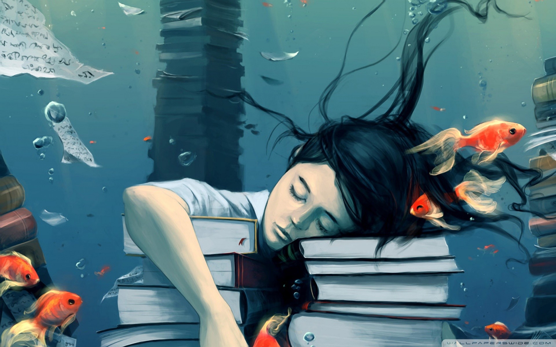 Fantasy girl sleeping on books underwater with goldfish HD Wallpaper