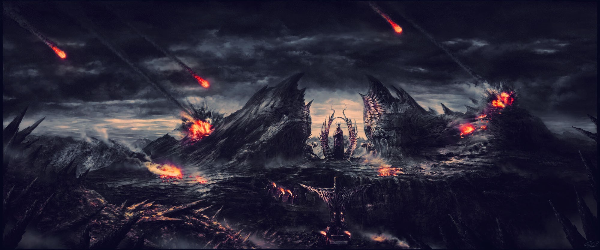 Fantasy landscape with meteors and volcanic eruptions HD Wallpaper