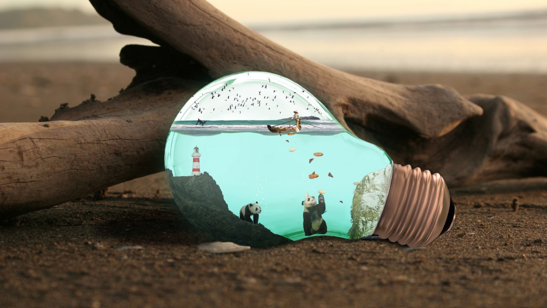 Light bulb with pandas, lighthouse, and boat on a beach HD Wallpaper