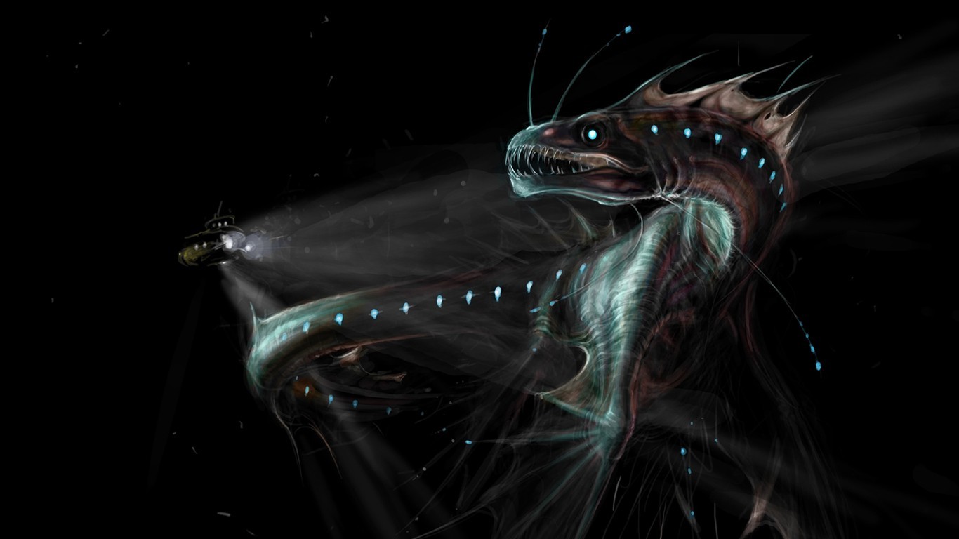 Deep sea creature and submarine in dark water HD Wallpaper