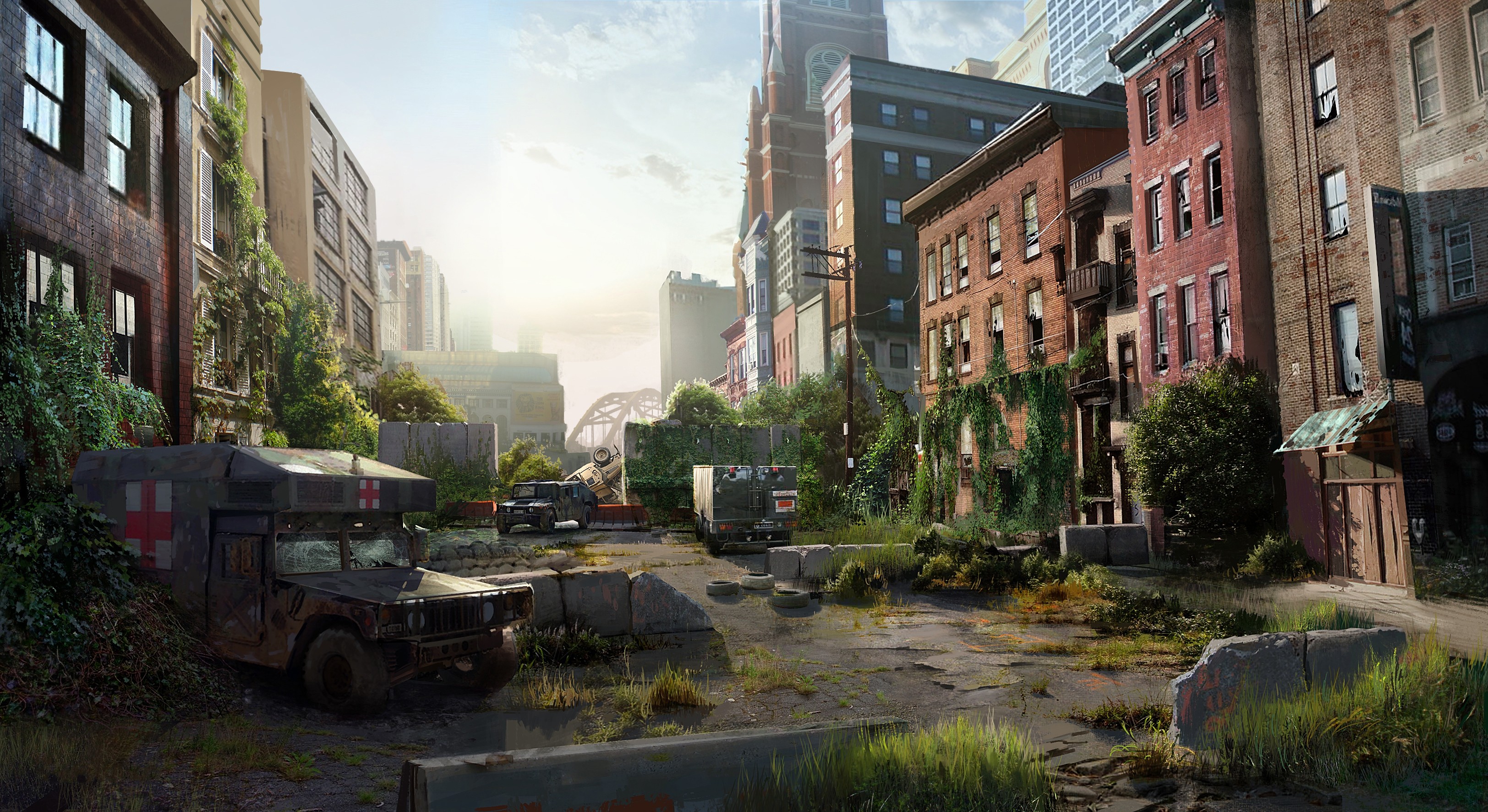 The Last of Us post-apocalyptic city street with vehicles HD Wallpaper
