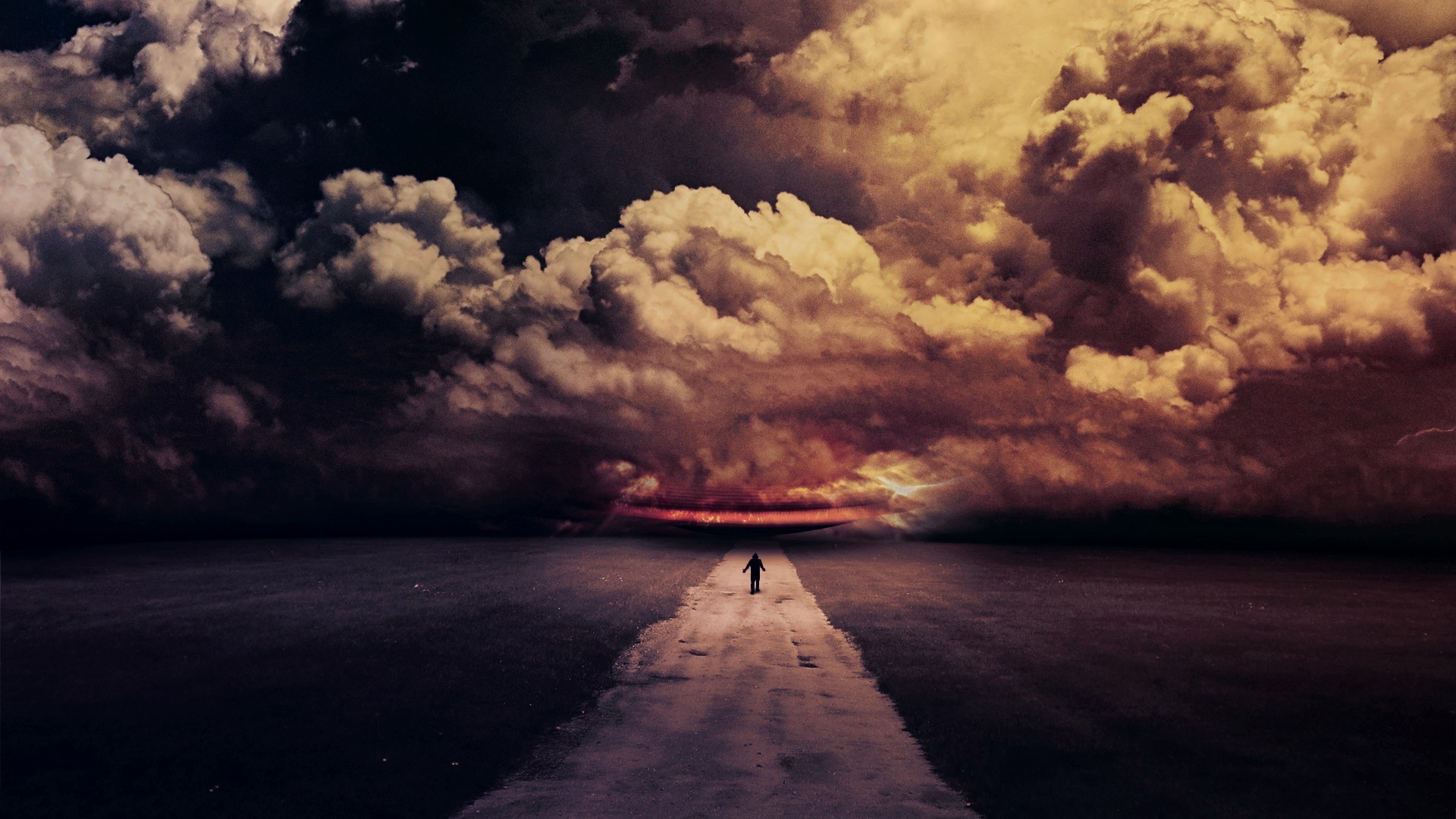 A lone figure walks on a path through stormy clouds HD Wallpaper