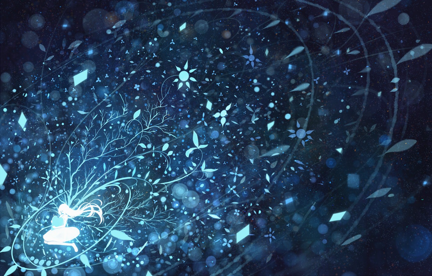 Anime girl with glowing tree in starry fantasy art HD Wallpaper