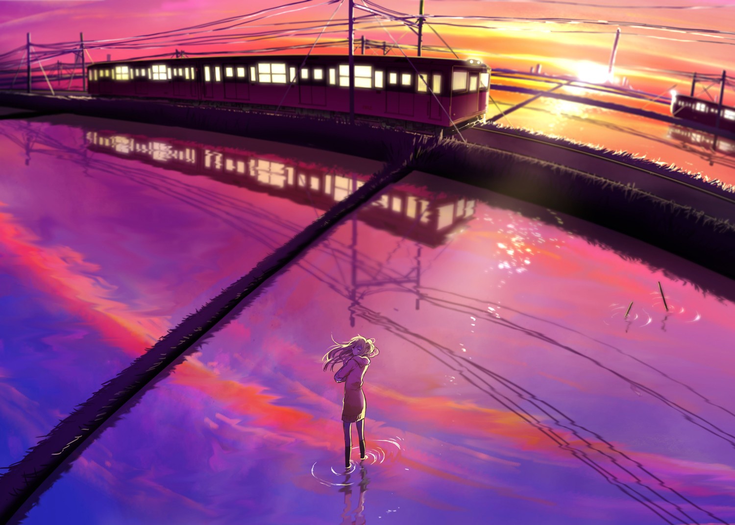 Anime girl and train at sunset over a rice paddy HD Wallpaper
