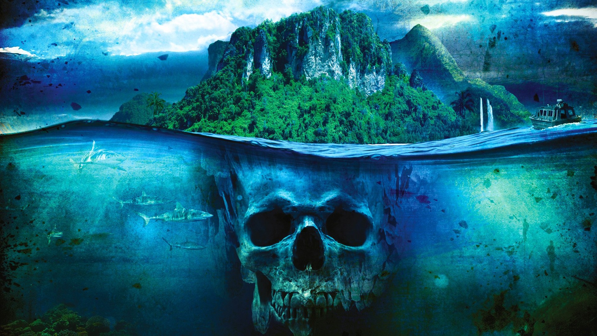 Far Cry 3 Split View Island Skull and Sharks HD Wallpaper