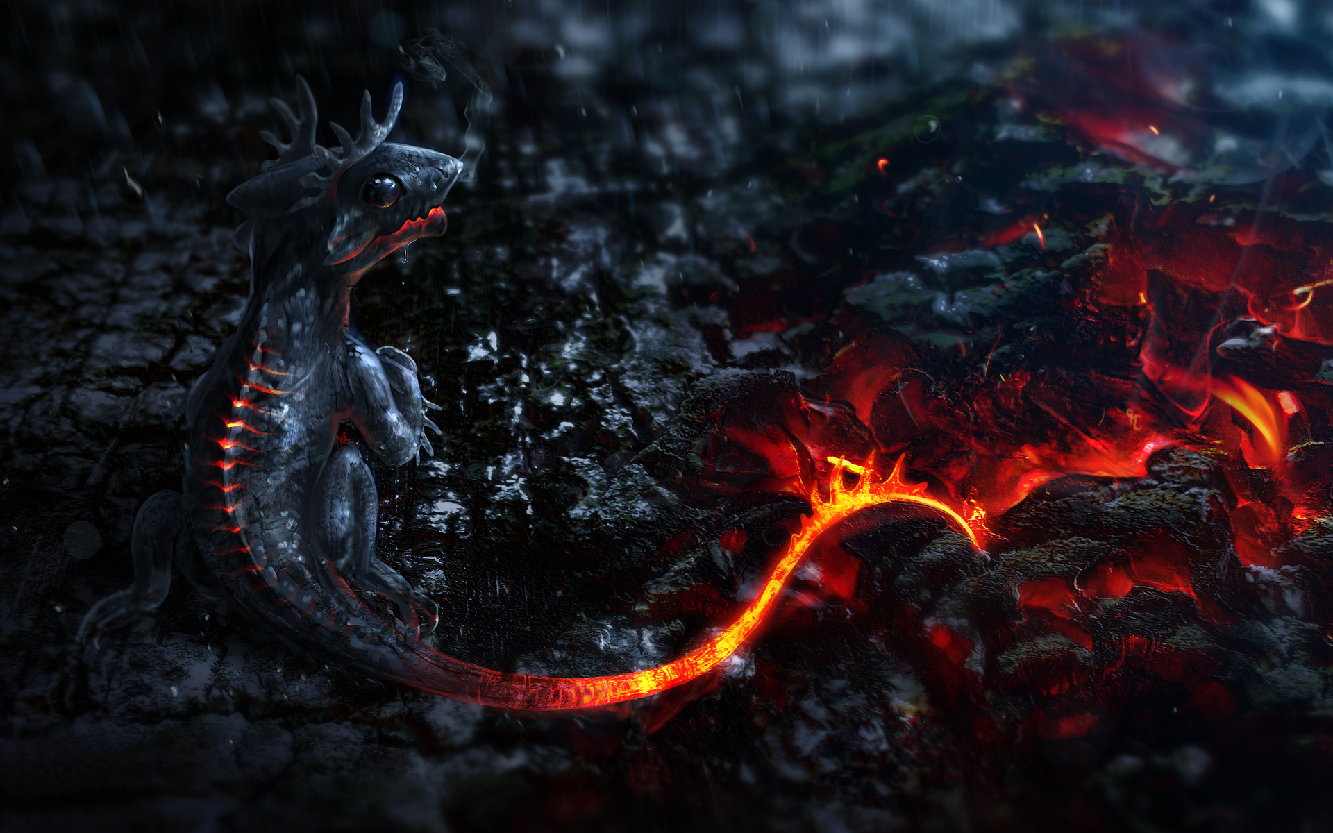 Fantasy dragon with glowing spine near lava HD Wallpaper