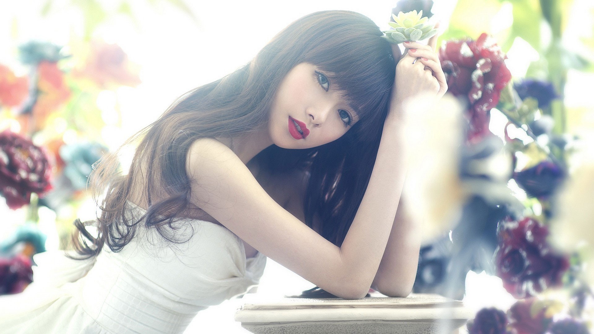 Asian woman in white dress with flowers HD Wallpaper