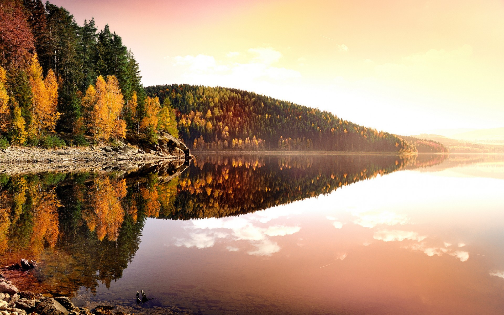 Autumn trees reflected in a calm lake at sunset HD Wallpaper