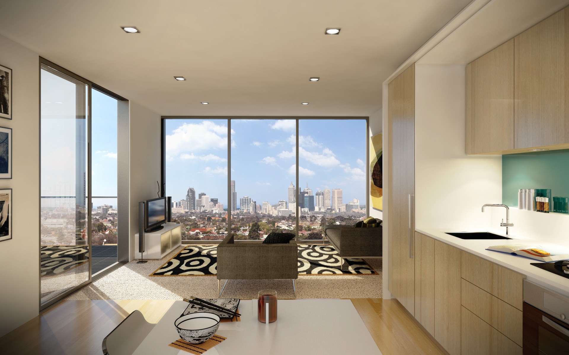 Modern apartment living room with city view HD Wallpaper