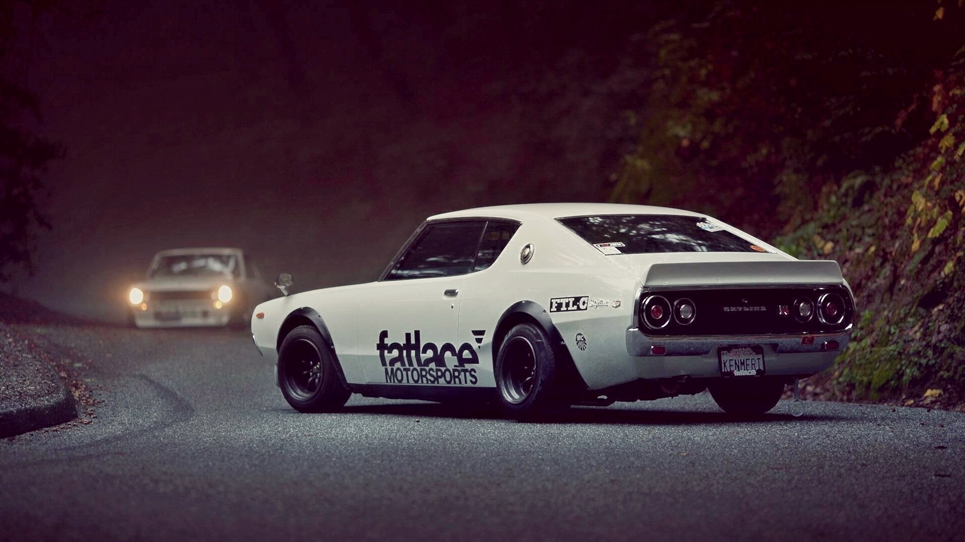 White Nissan Skyline GT-R on a foggy road HD Wallpaper