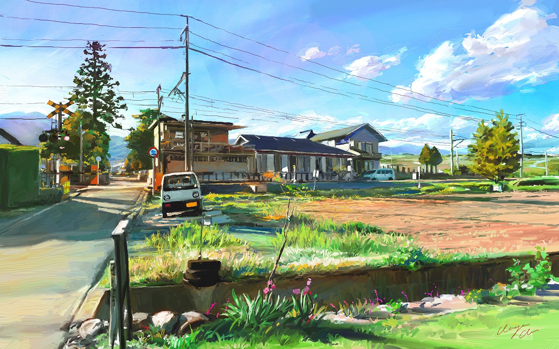 Anime artwork of a rural Japanese town with a train crossing HD Wallpaper