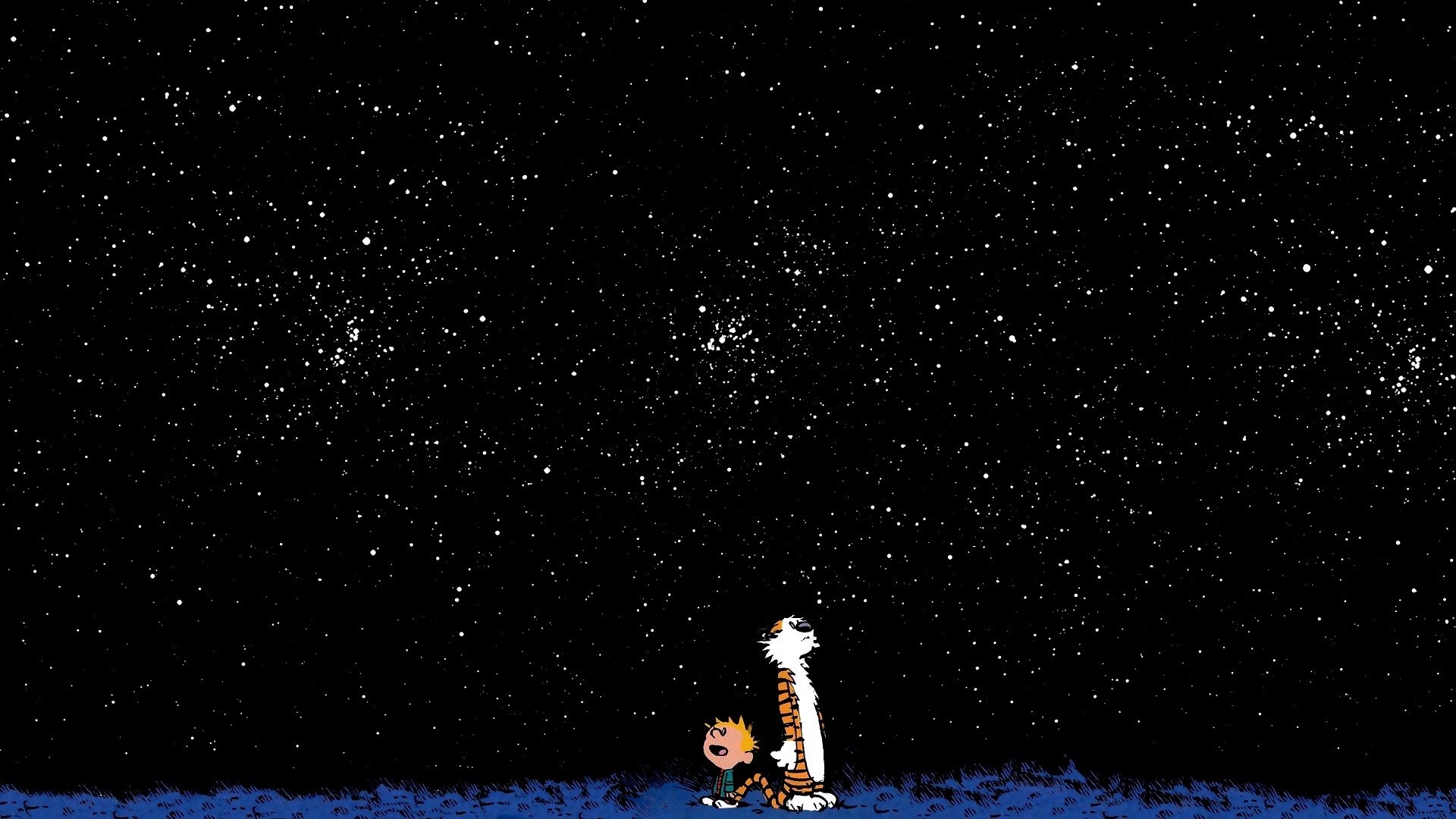 Calvin and Hobbes looking at the starry night sky HD Wallpaper