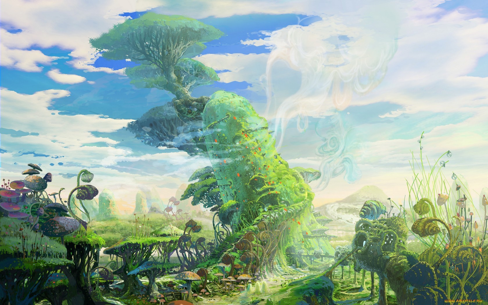Fantasy art of a surreal alien landscape with giant plants HD Wallpaper