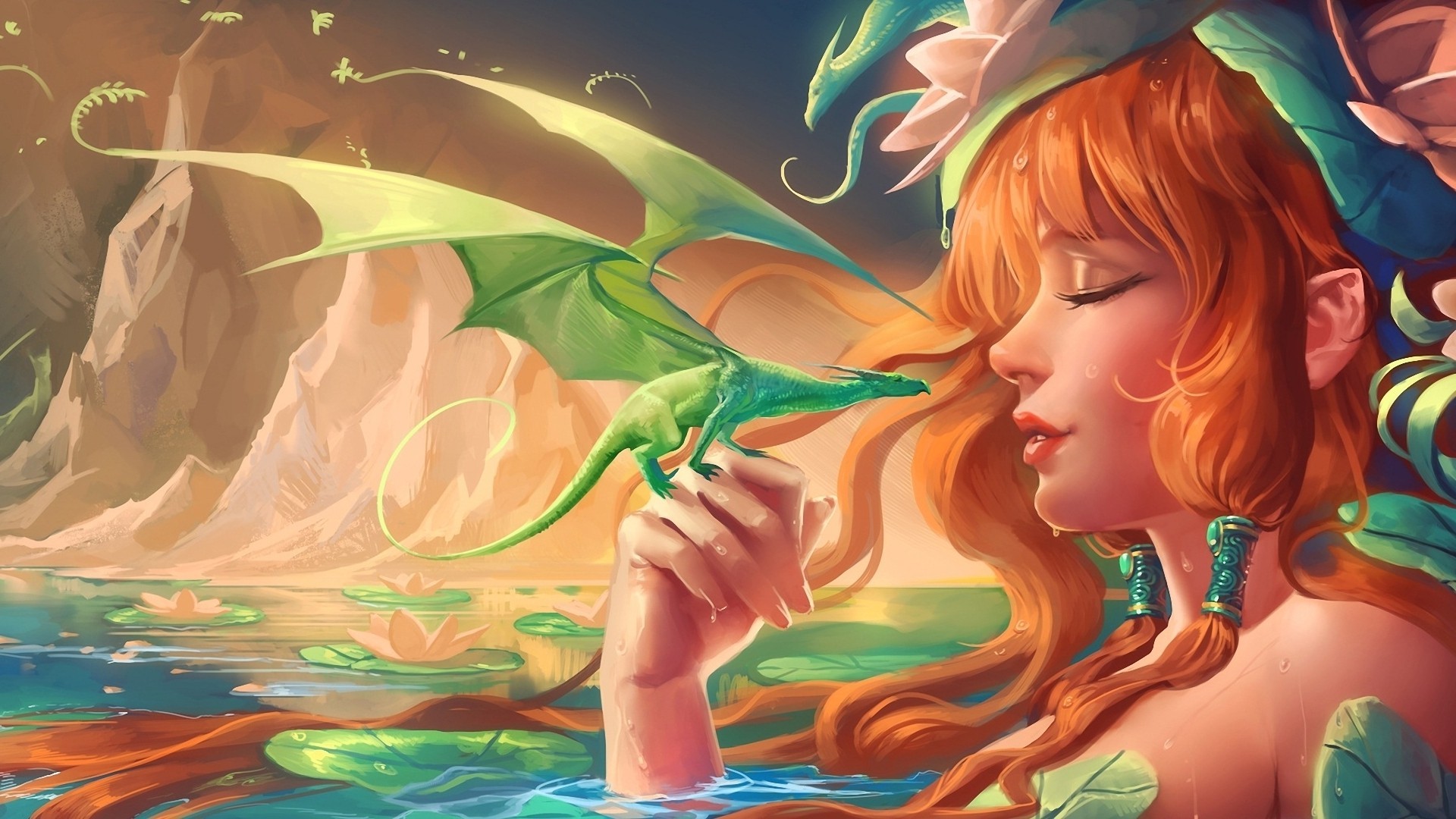Fantasy girl with a green dragon in a lake HD Wallpaper