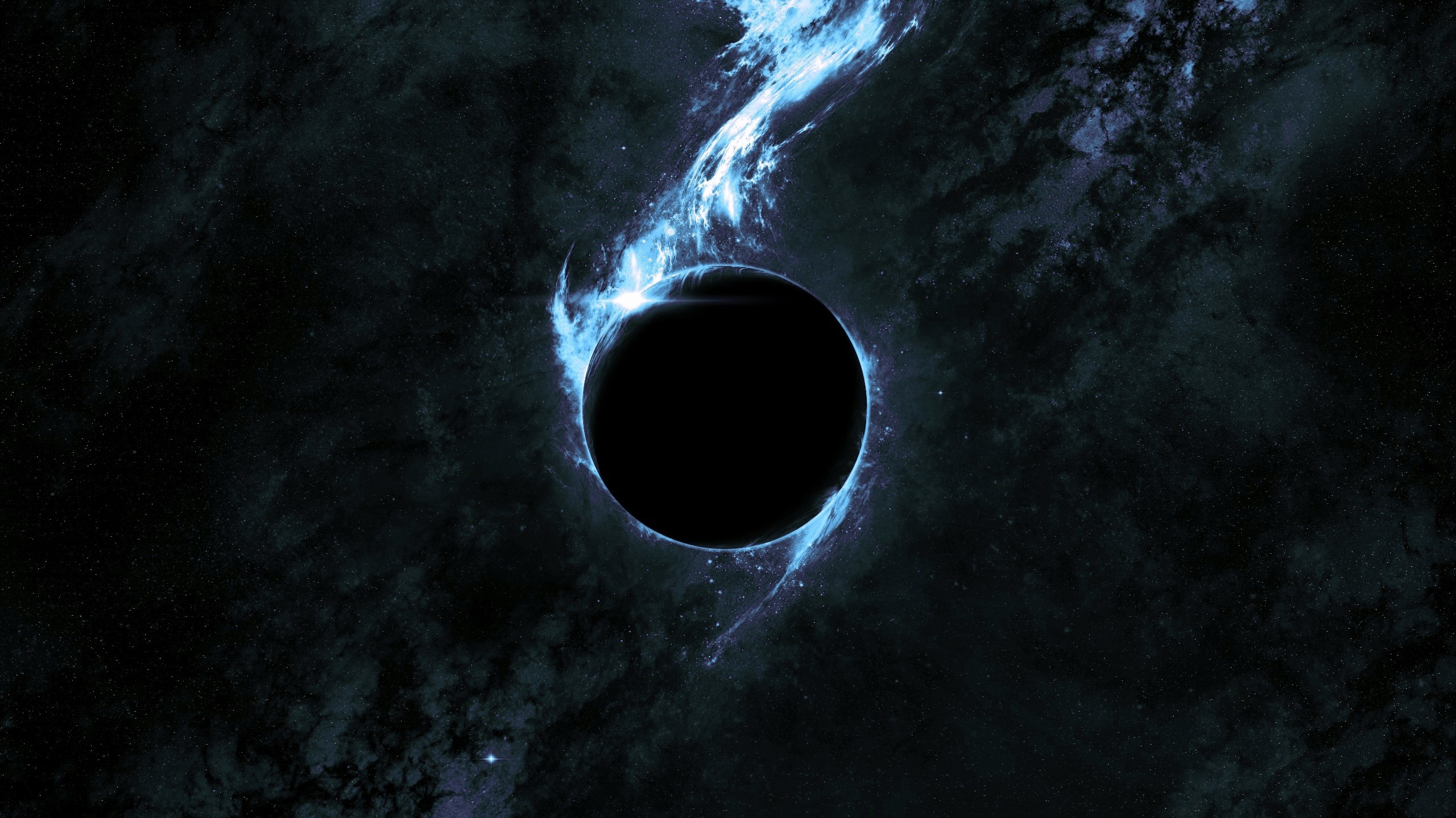 Abstract space art with a black planet and blue nebula HD Wallpaper