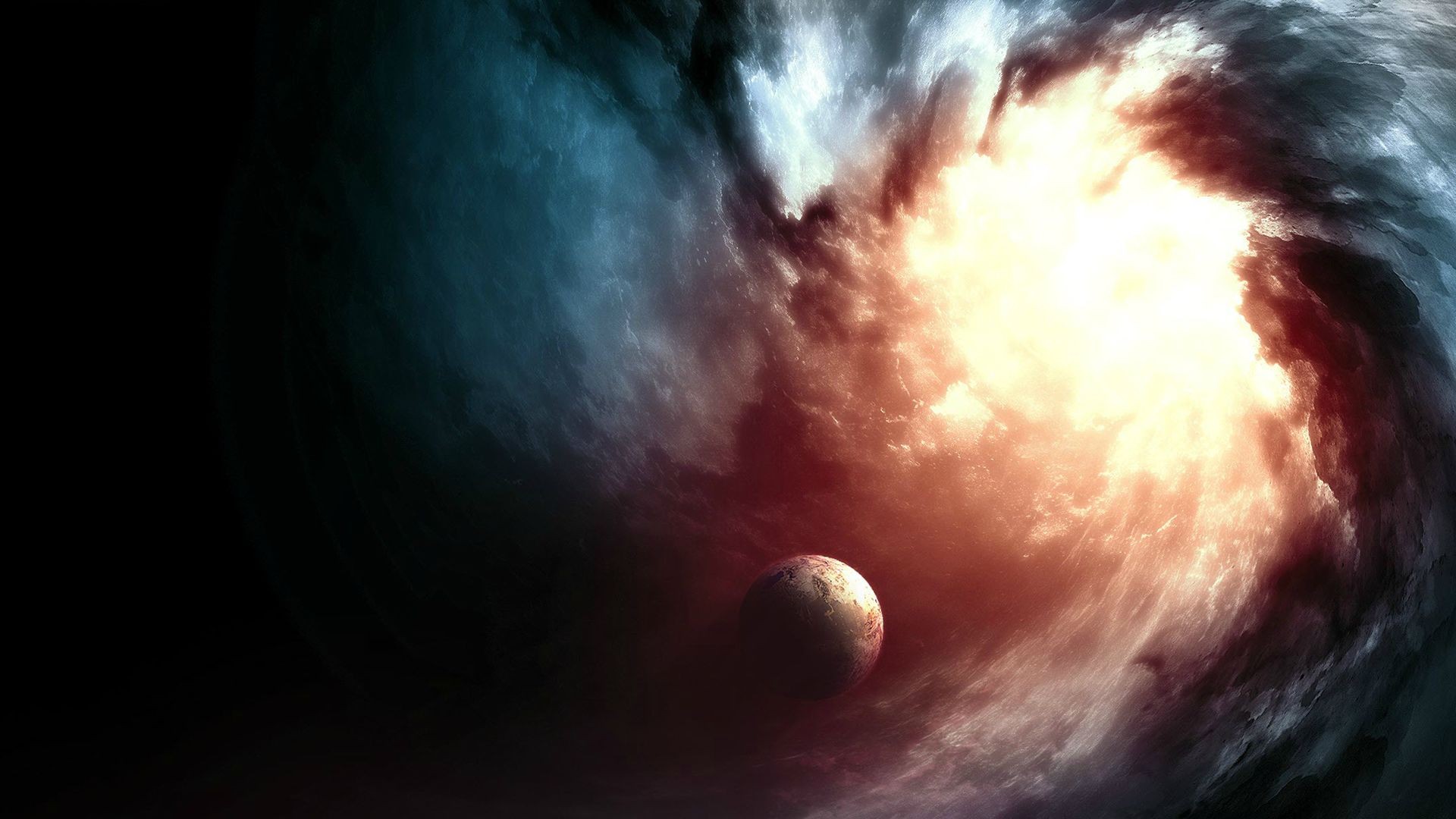 Planet in a cosmic nebula with swirling clouds HD Wallpaper