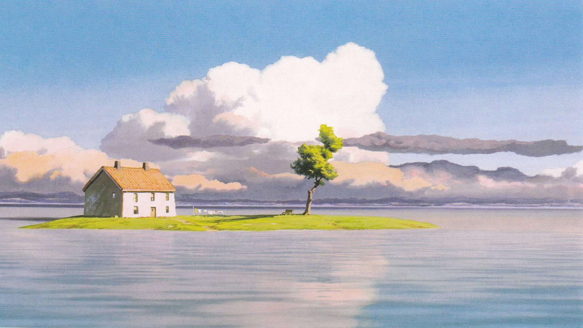 Painting of a house and tree on an island HD Wallpaper