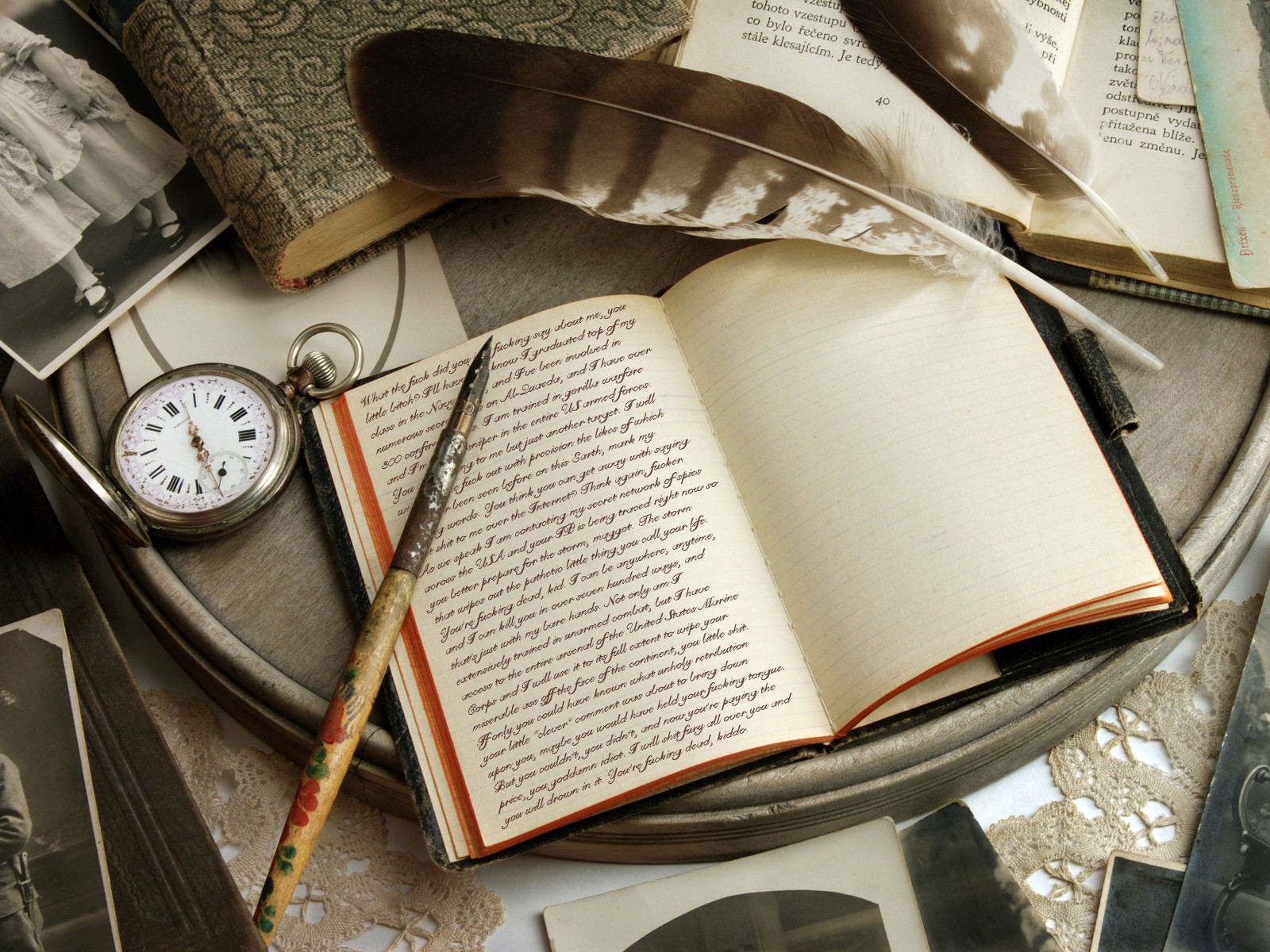 Journal with feathers and pocket watch HD Wallpaper