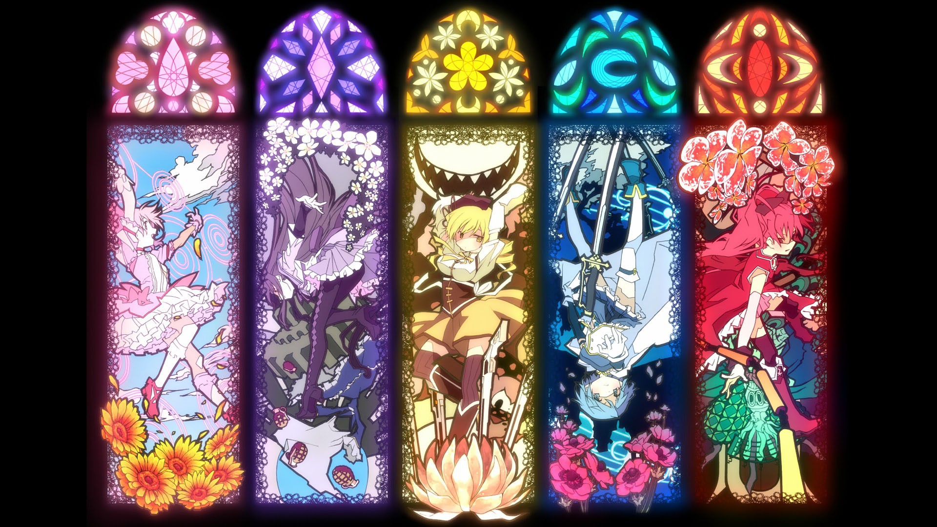 Mahou Shoujo Madoka Magica characters in stained glass windows HD Wallpaper
