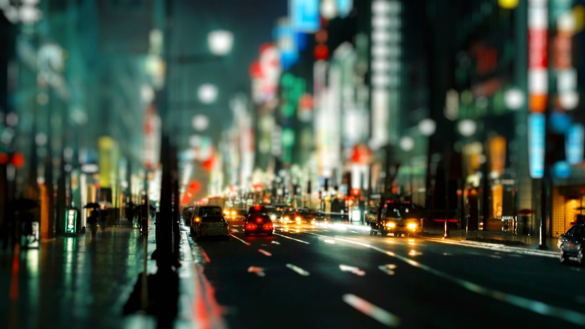 Night street with cars and neon lights HD Wallpaper