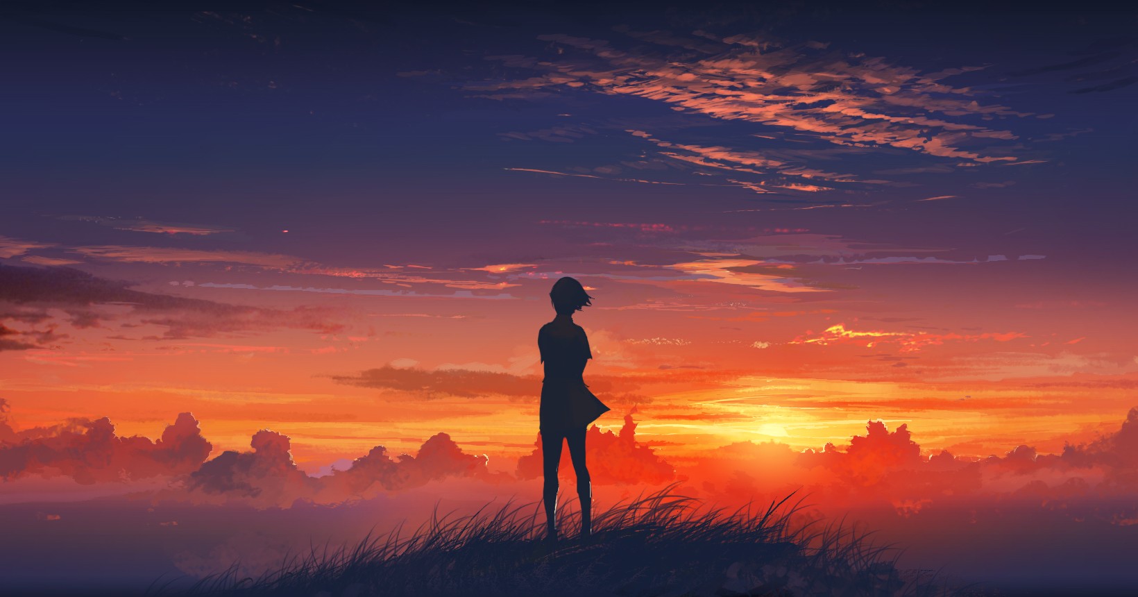 Anime girl silhouetted against a vibrant sunset sky HD Wallpaper