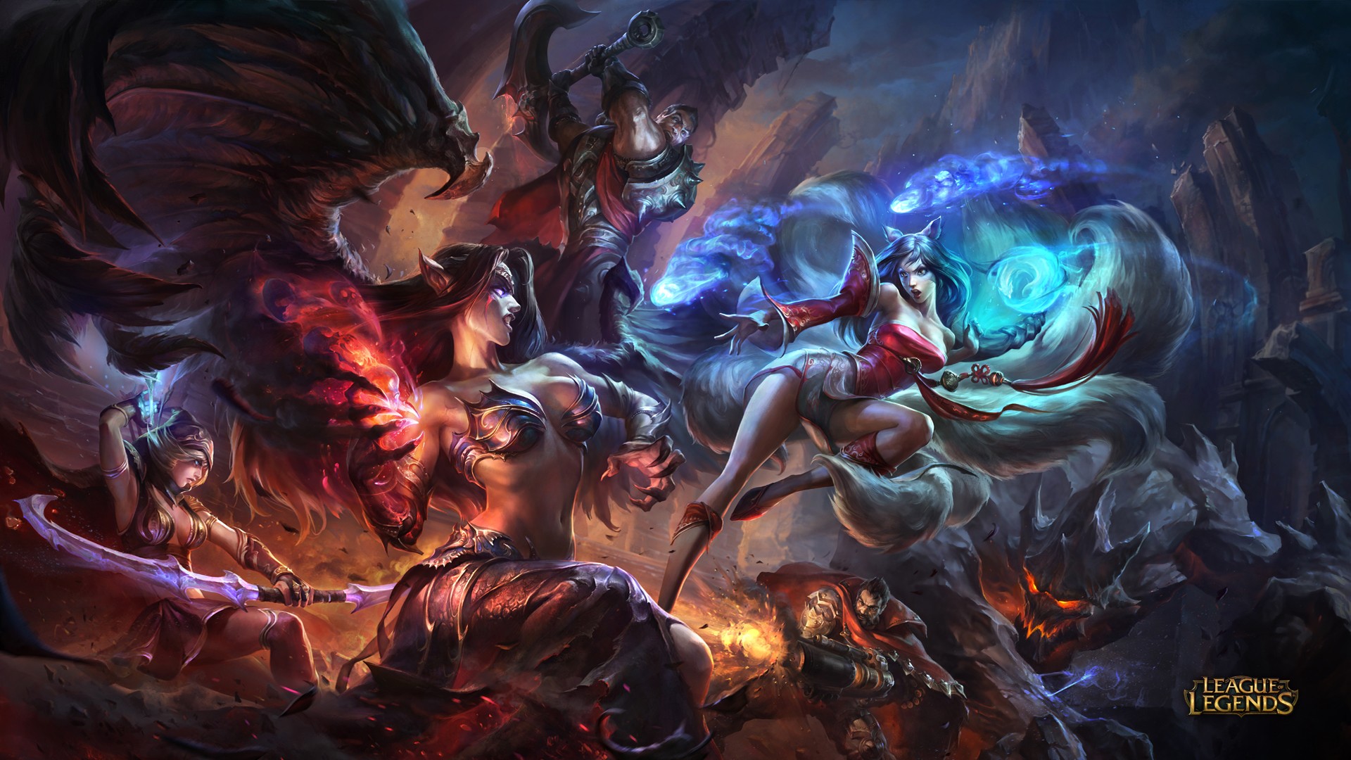 League of Legends characters in a battle scene HD Wallpaper