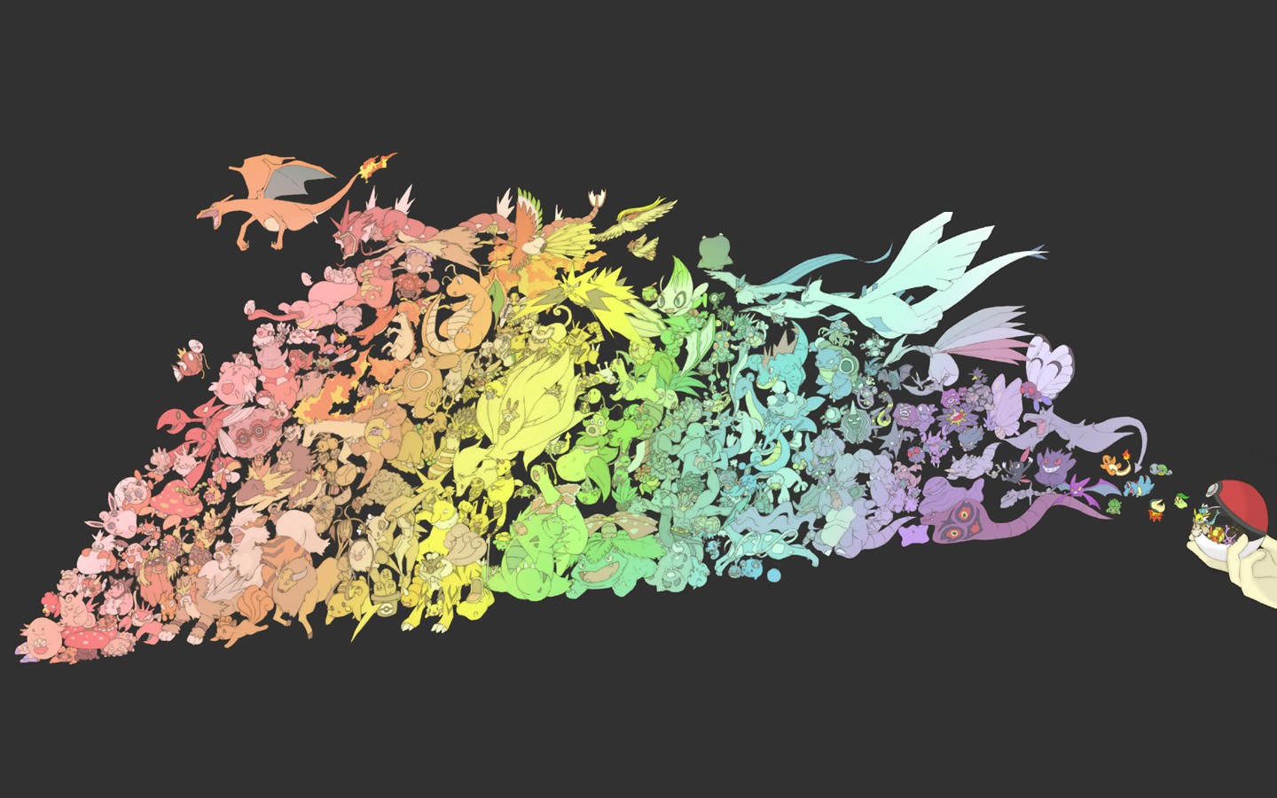 Pokémon characters arranged in a rainbow spectrum HD Wallpaper