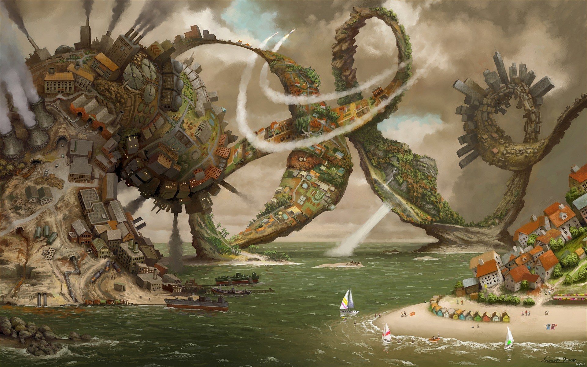 Surreal artwork of a city built on a giant spiral creature HD Wallpaper