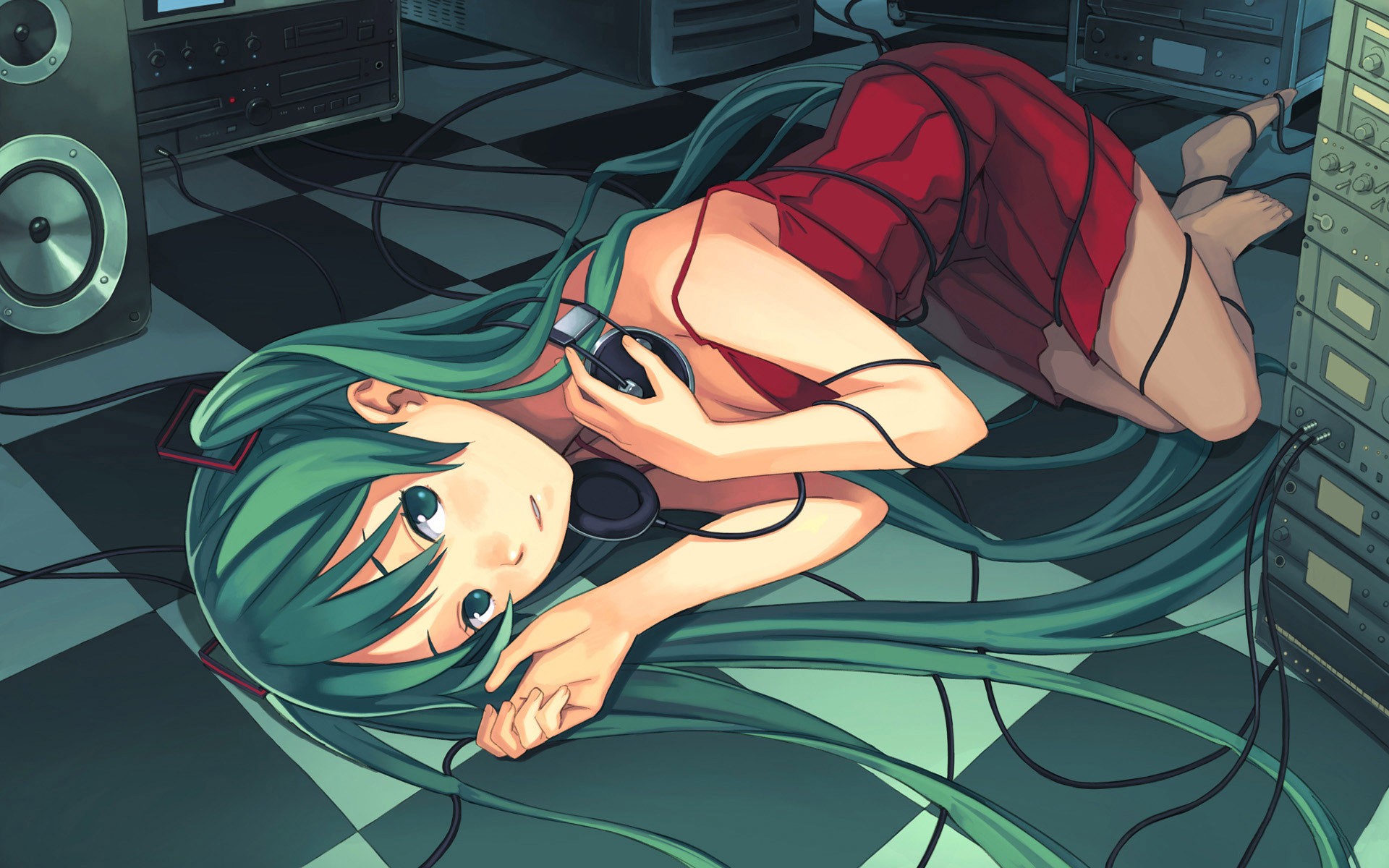 Hatsune Miku lying on the floor with headphones HD Wallpaper